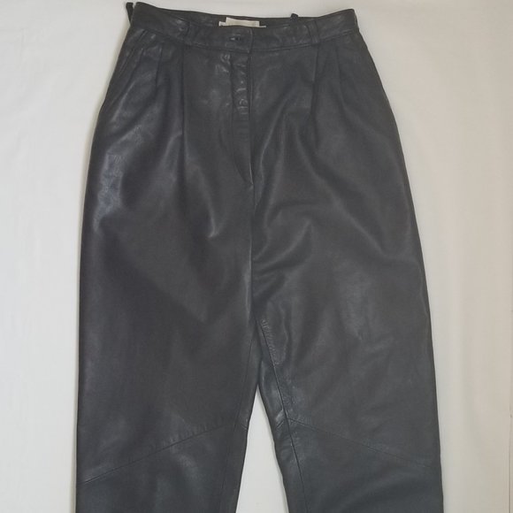 27x29 Vakko Vintage 6 Black Leather High Waisted Pleated Pants 80s Made in USA - Picture 1 of 10